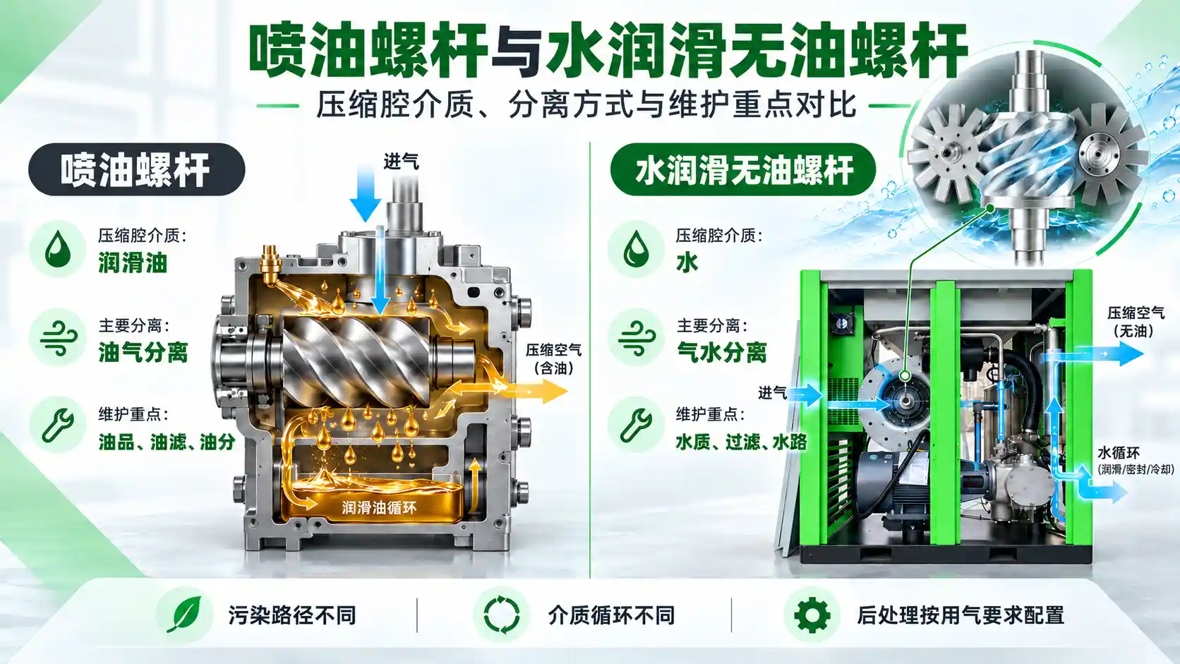 格兰克林水润无油螺杆空压机与喷油螺杆空压机介质分离方式结构对比图片