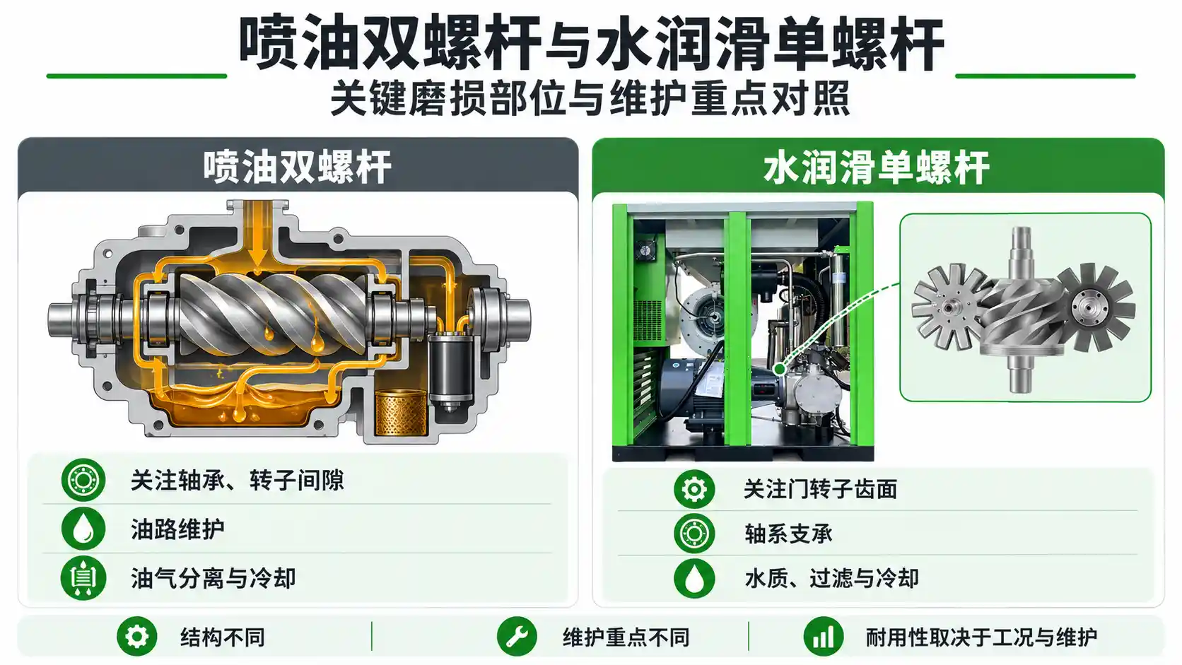 喷油双螺杆与水润滑单螺杆关键磨损部位与维护重点对照图片
