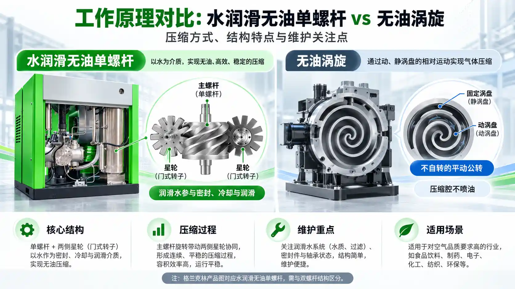 工作原理对比:水润滑无油单螺杆与无油涡旋图片