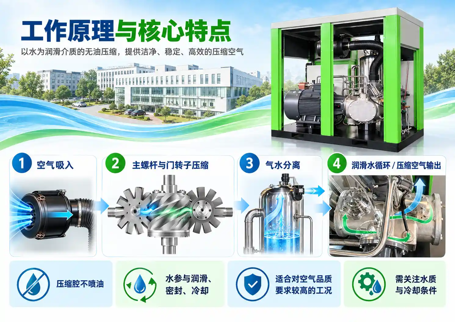 水润滑螺杆空压机工作原理与核心特点图片